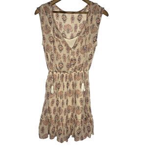 HOLLISTER Mini Dress V-Neck Sleeveless Tassels Geometric Boho Womens XS Cream